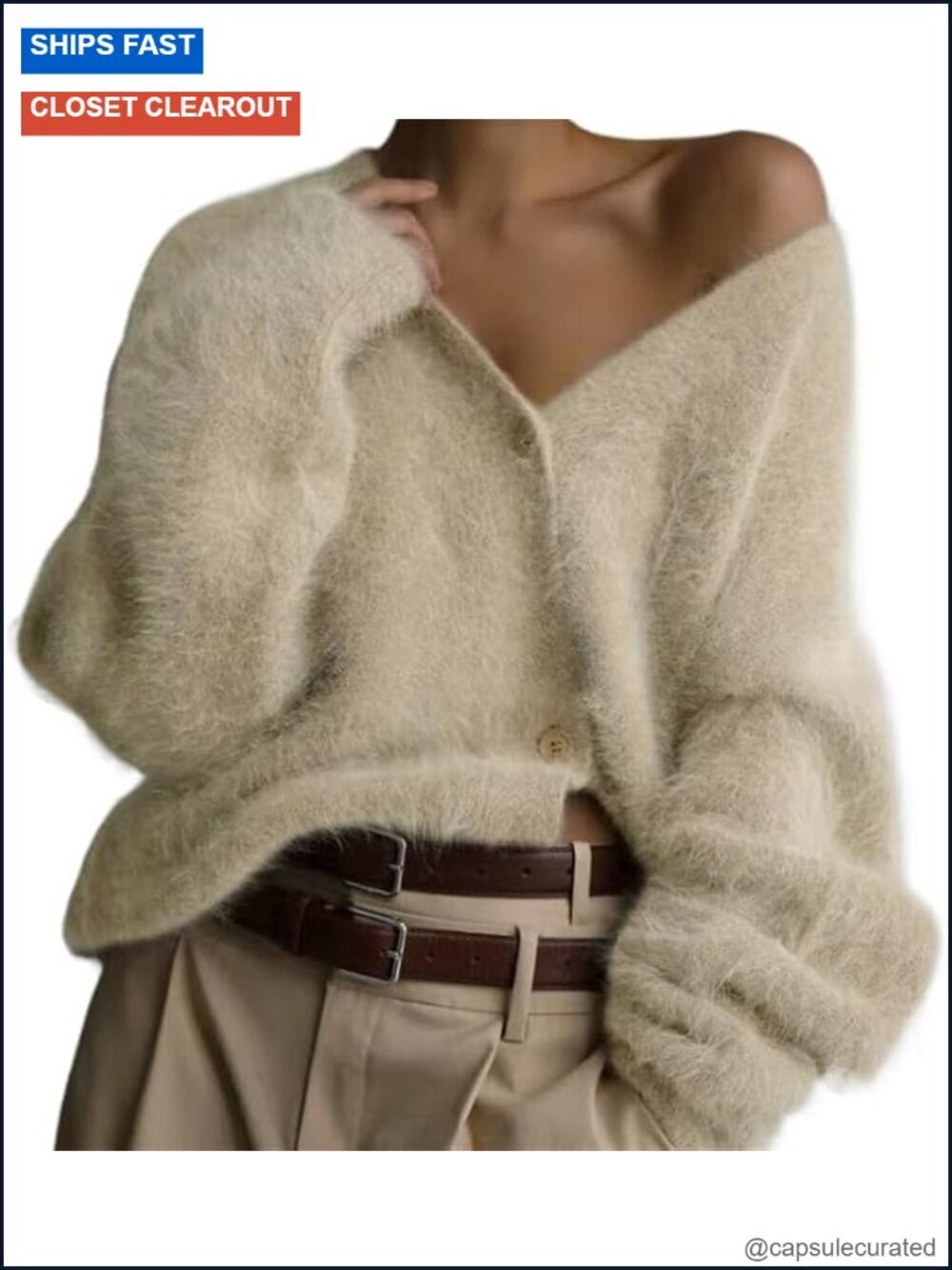 Women's Fuzzy Mohair V-Neck Button Down Cardigan Sweater Oversized